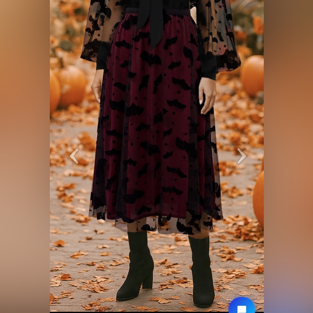 VELVET BATS MESH TULLE MIDI SKIRT IN BURGUNDY - Picture 6 of 9